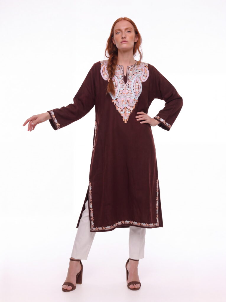 Mehzaar Brown Acro Wool Aari Embroidered Pheran