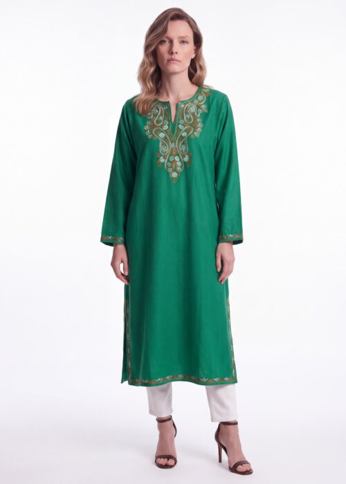 Sabz Gul-Green Acro Wool Aari Embroidered Pheran