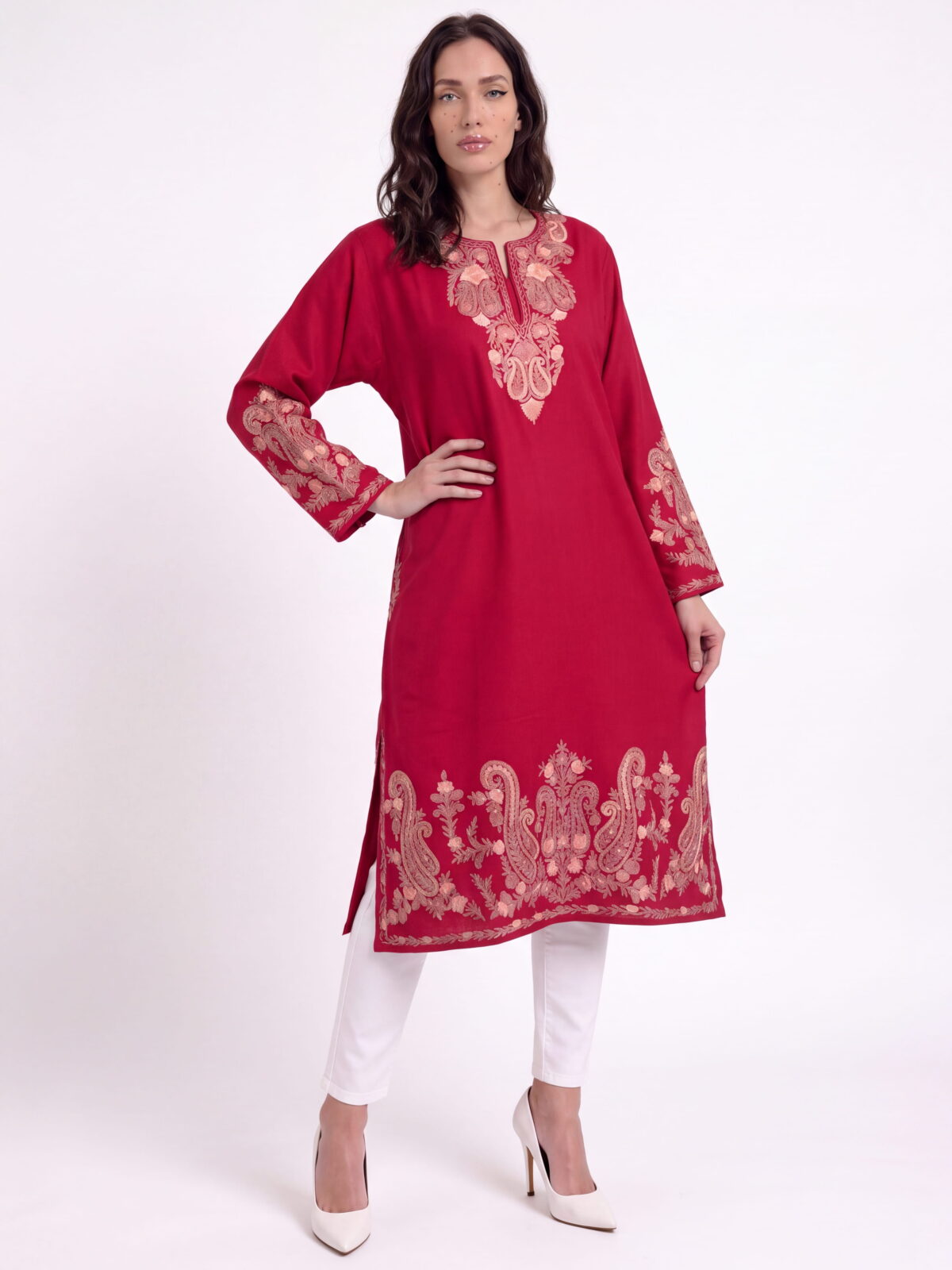 Lalzaar Crimson Acro Wool Aari Embroidered Pheran (Heavy Work)