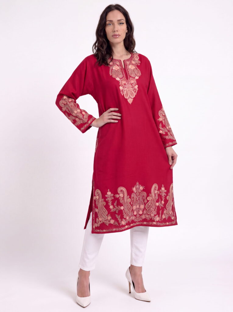 Lalzaar Crimson Acro Wool Aari Embroidered Pheran (Heavy Work)