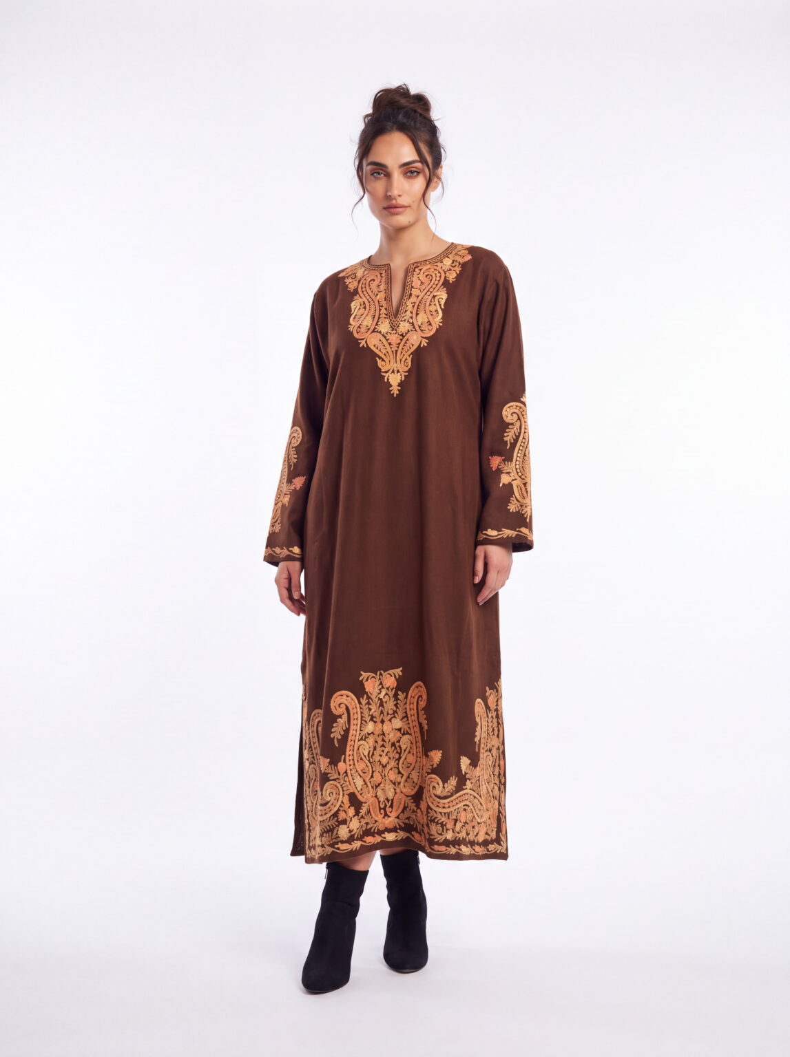 Tabeer Coffee Brown Acro Wool Aari Embroidered Pheran (Heavy Work)