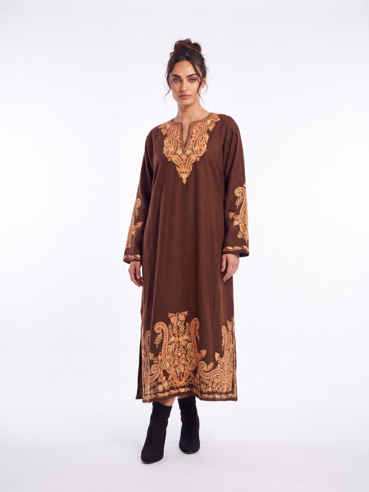 Tabeer Coffee Brown Acro Wool Aari Embroidered Pheran (Heavy Work)