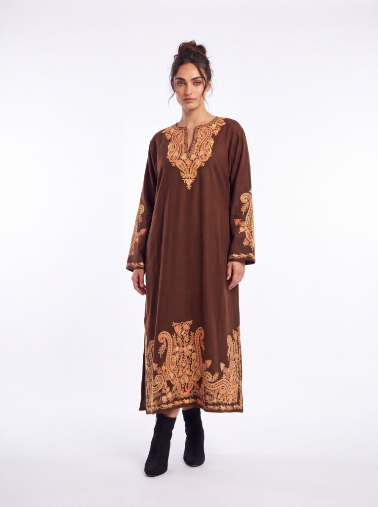 Tabeer Coffee Brown Acro Wool Aari Embroidered Pheran (Heavy Work)