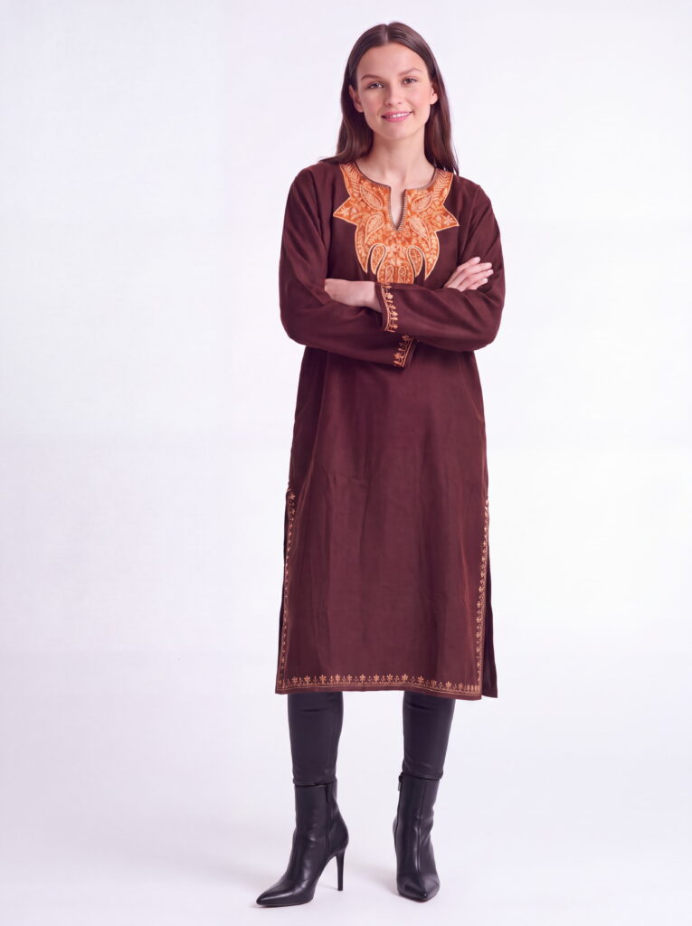 Zaheen Chestnut Hand Needle Work Pheran