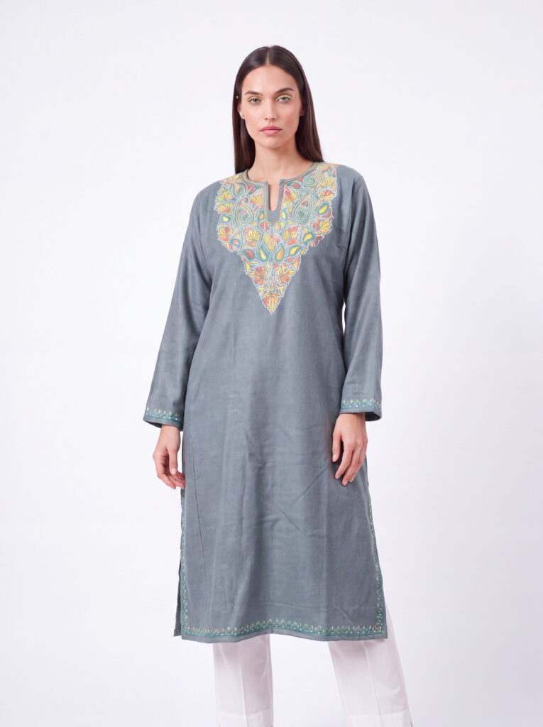 Afsana Sage Green Hand Needle Work Pheran
