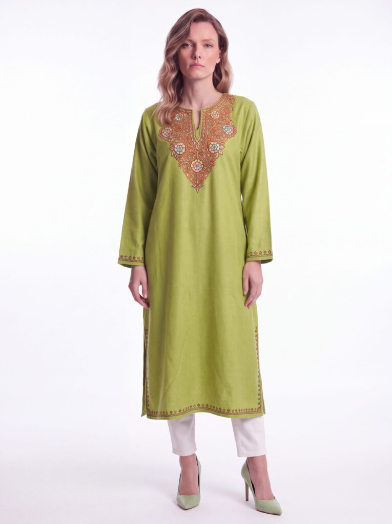 Naazira Olive Green Hand Needle Work Pheran