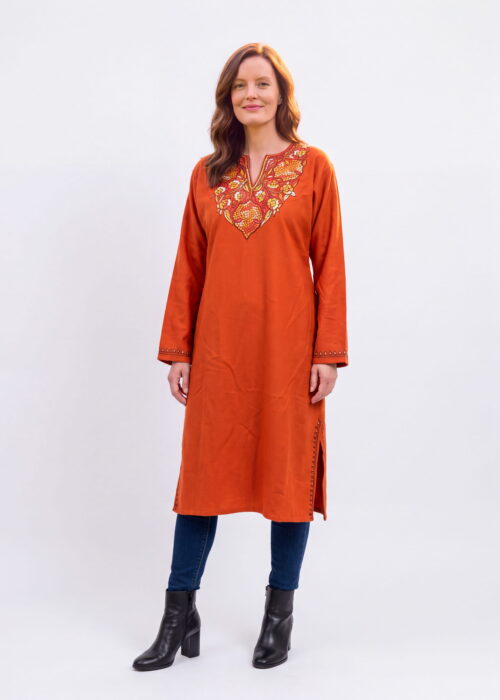 Zehra Burnt Cinnamon Acro Wool Pheran with Hand Needle Work