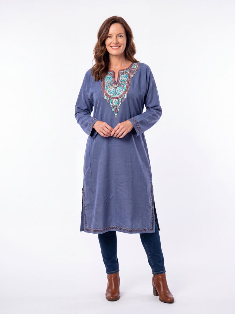 Yaqoot Smoky Grey Acro Wool Pheran with Hand Needle Work