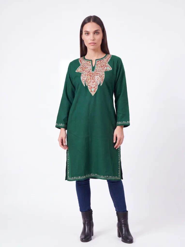 Zumarud Forest Green Acro Wool Pheran with Hand Needle Work