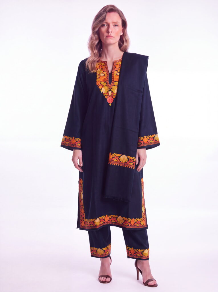 Zard-e-Shab Aari Embroidered Acro Wool Pheran Set (Pheran, Scarf & Trousers)