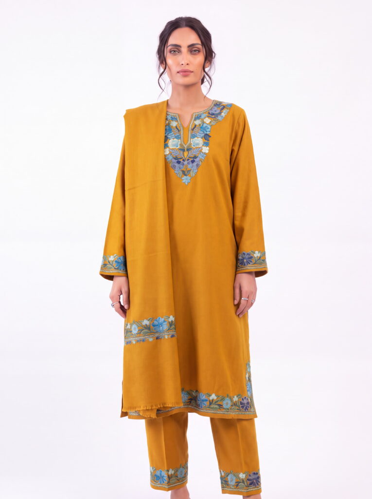 Saffron Neel Aari Embroidered Acro Wool Pheran Set (Pheran, Scarf & Trousers)