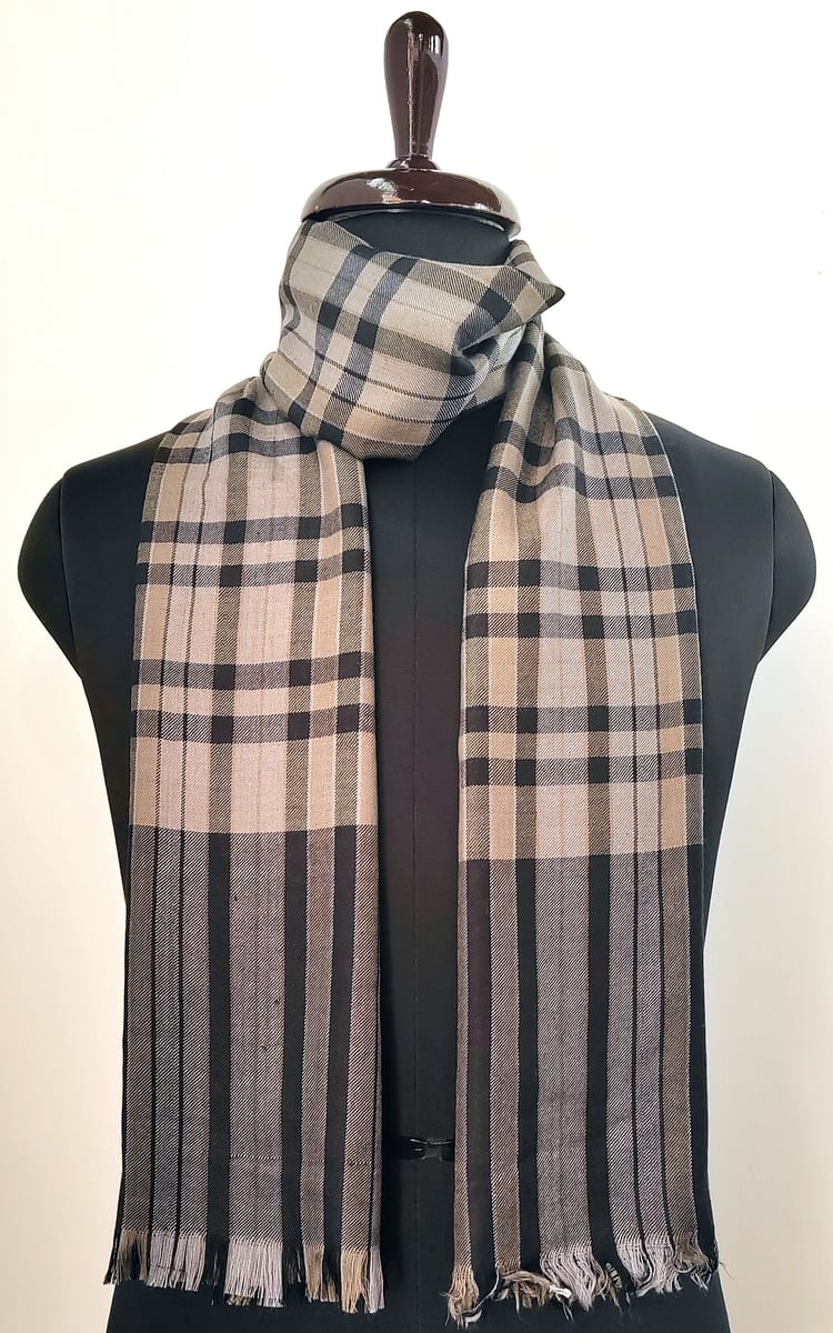 Harud Kashmiri Merino Wool Scarf in Beige Checks