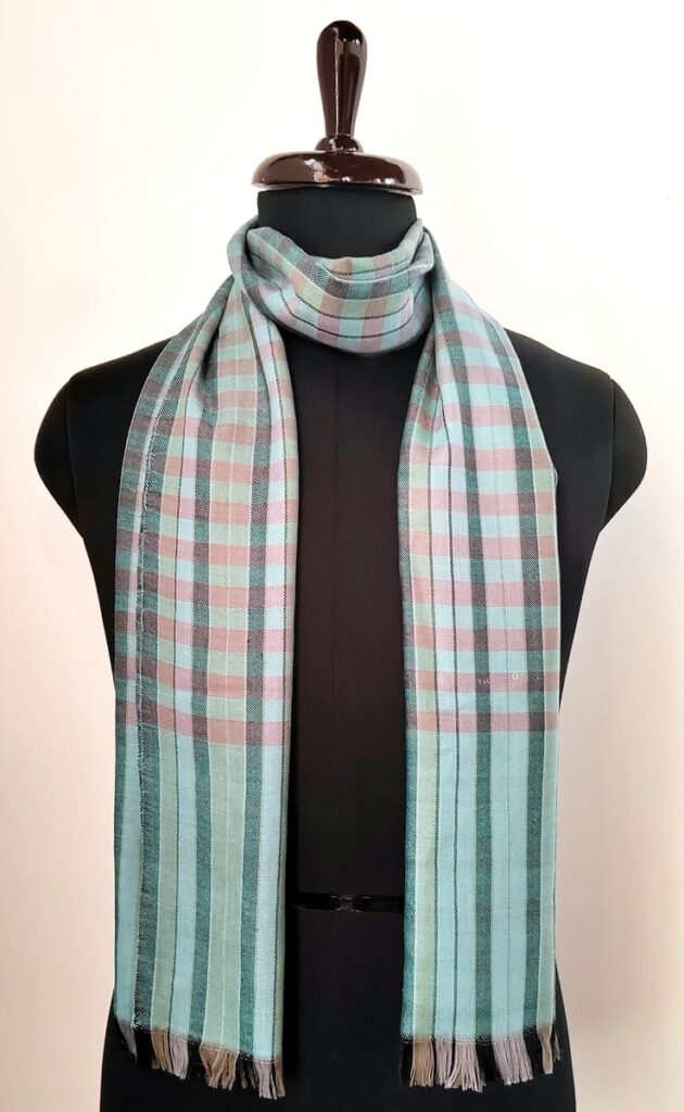 Teal Kashmiri Merino Wool Scarf with Checks Pattern