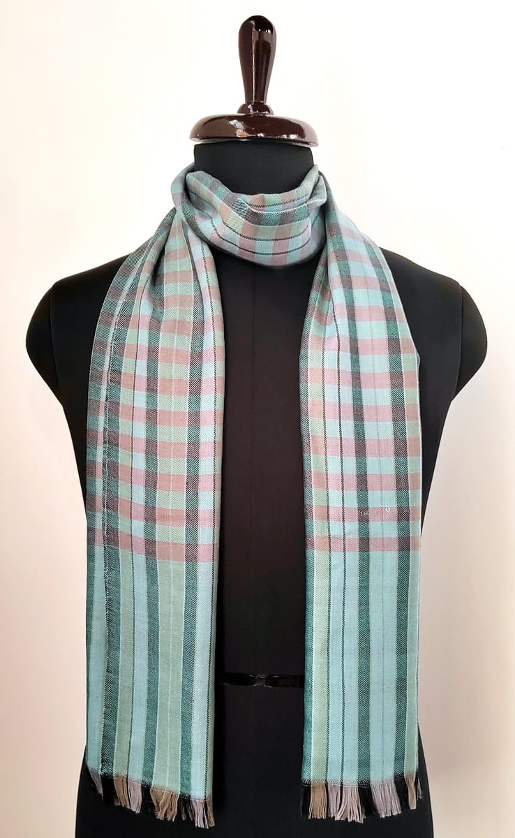 Teal Kashmiri Merino Wool Scarf with Checks Pattern