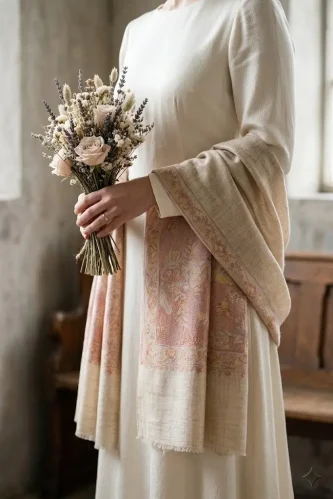 Bridal Detail Close-up of Cream Shawl with Blush Pink Hand-Embroidered Border and Dried Flower Bouquet.