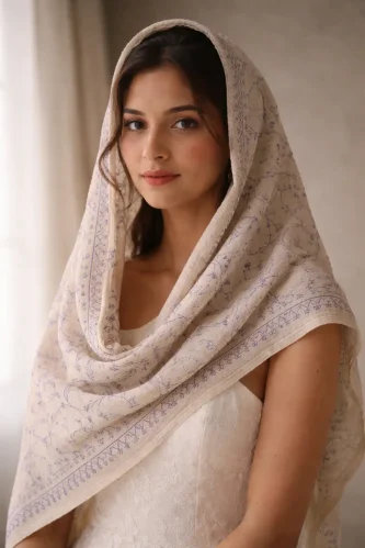 Model in Ivory Hand-Embroidered Headscarf with Lavender Floral Motifs.