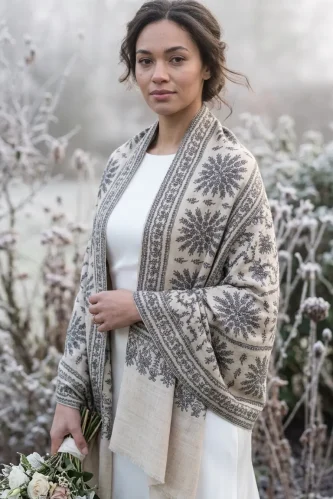 Woman in Floral Shawl in Snowy Garden Woman in Floral Shawl in Snowy Garden